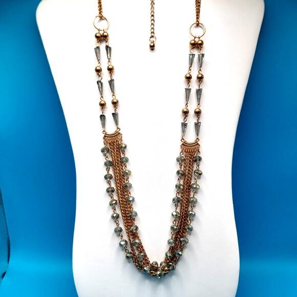 Silver Crystal Bead Gold Chain Necklace, Unique Cone Beads, 35" - Picture 8 of 16